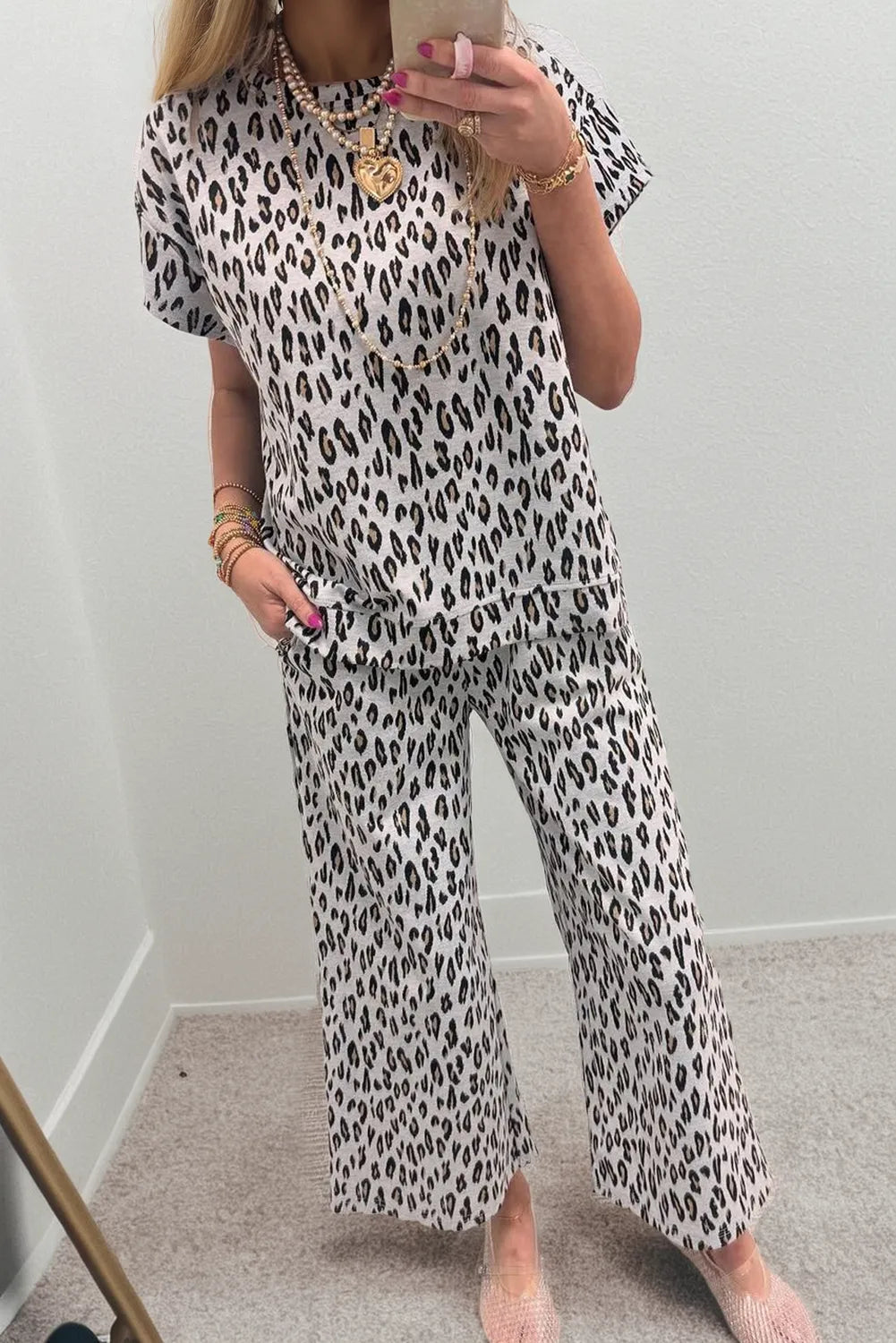 Beige Leopard Pant Set