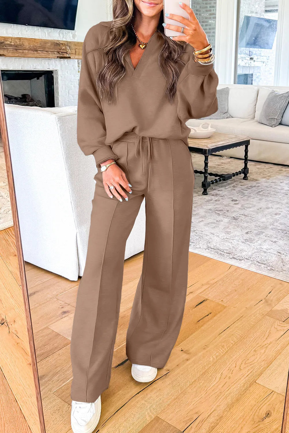 Brown Collared Pullover & Pant Set