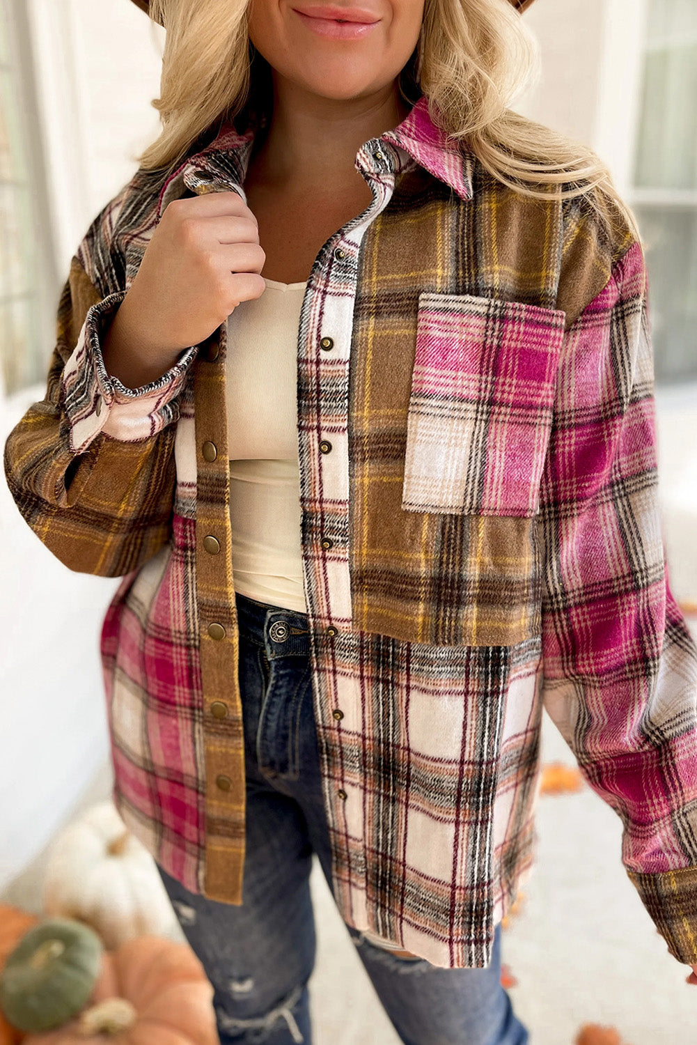Brown/Pink Plaid Button Up Shacket