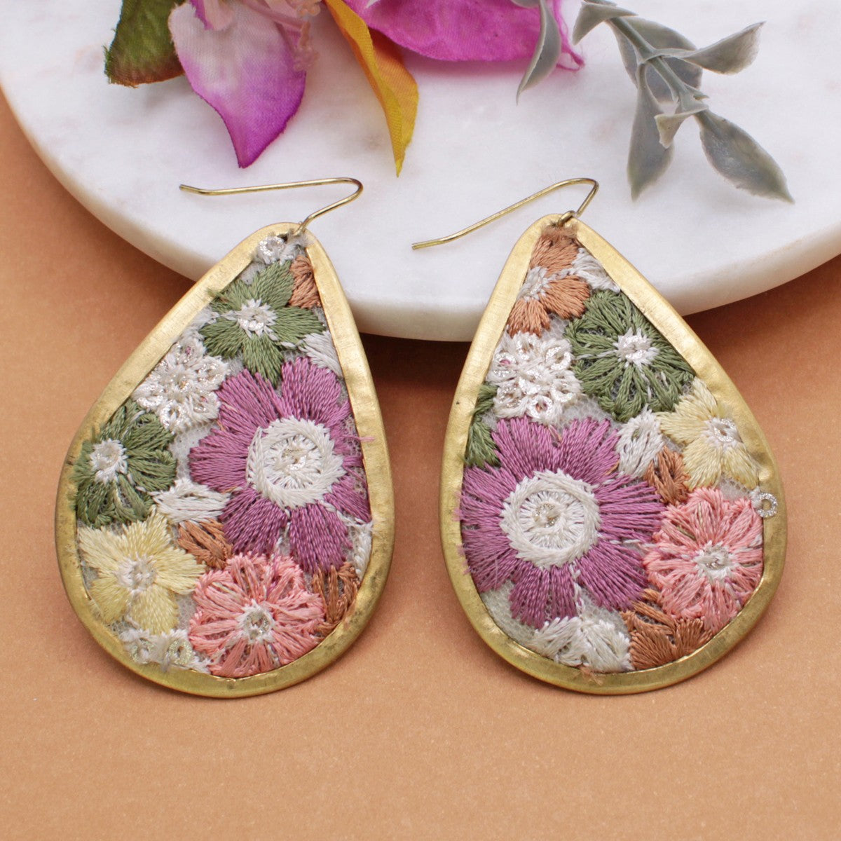 Olive & Pink Floral Fabric Embroidered Earrings