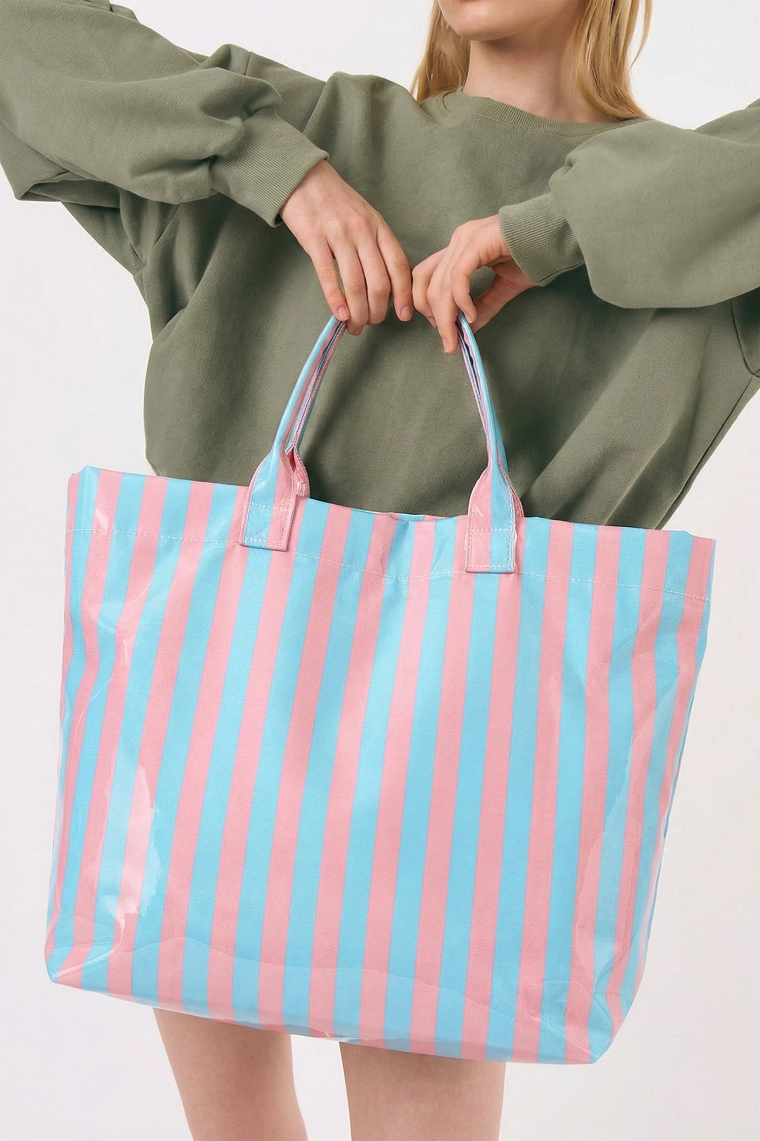 Blue & Pink Glossy Striped Vinyl Tote