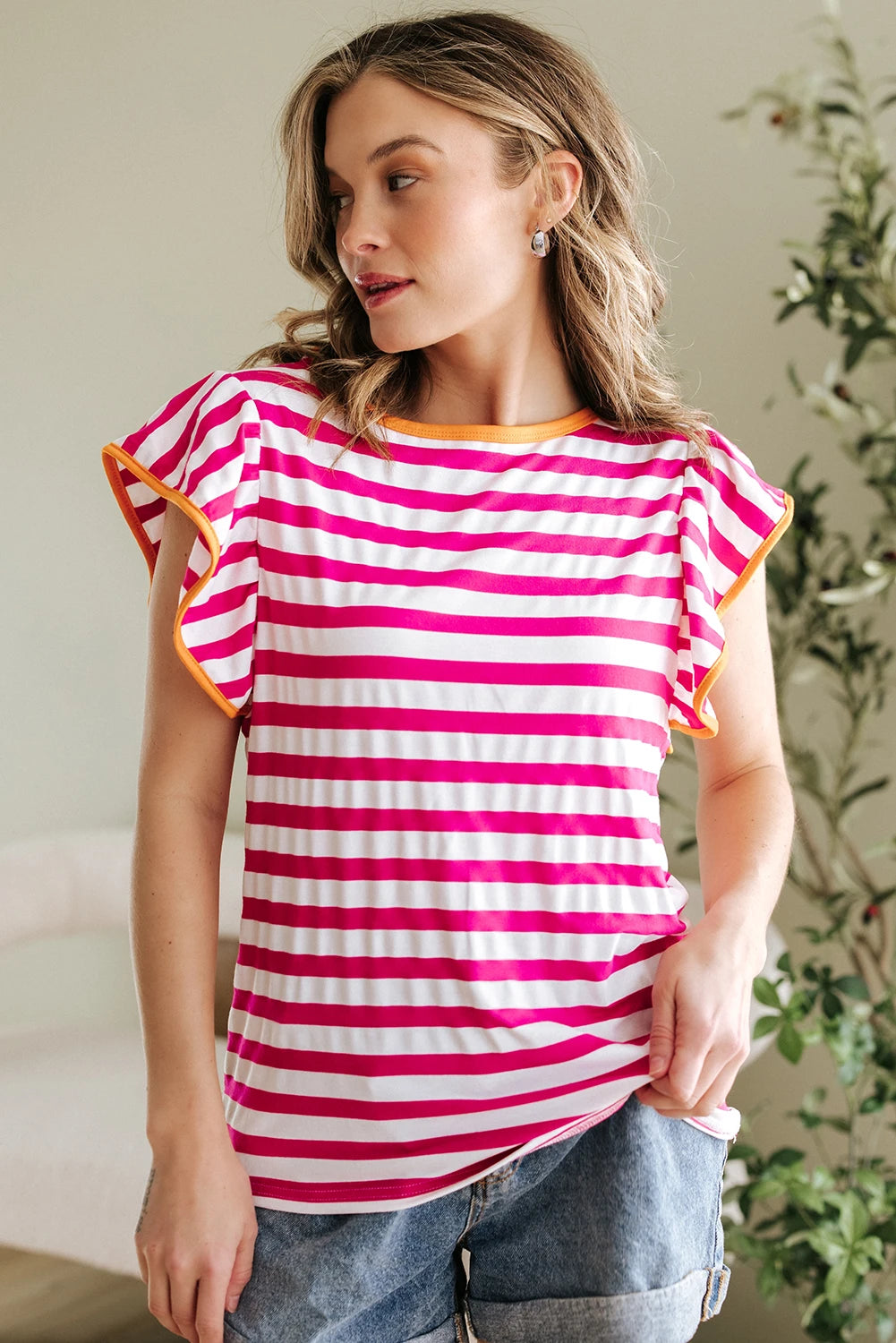 Rose Striped Ruffle Sleeve Blouse