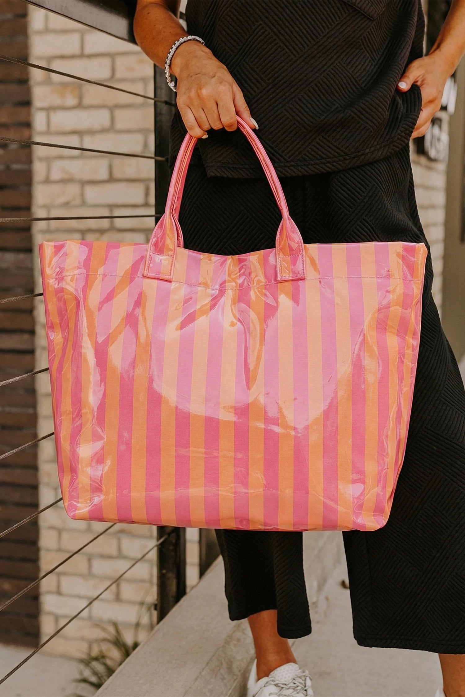 Orange & Pink Glossy Striped Vinyl Tote