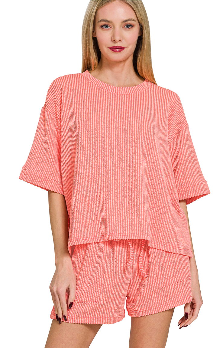 Coral Ribbed Short Set