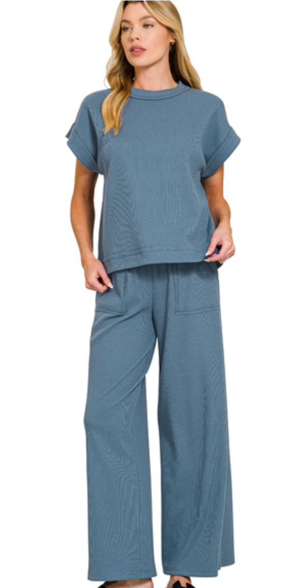 Dusty Blue Ribbed Pant Set