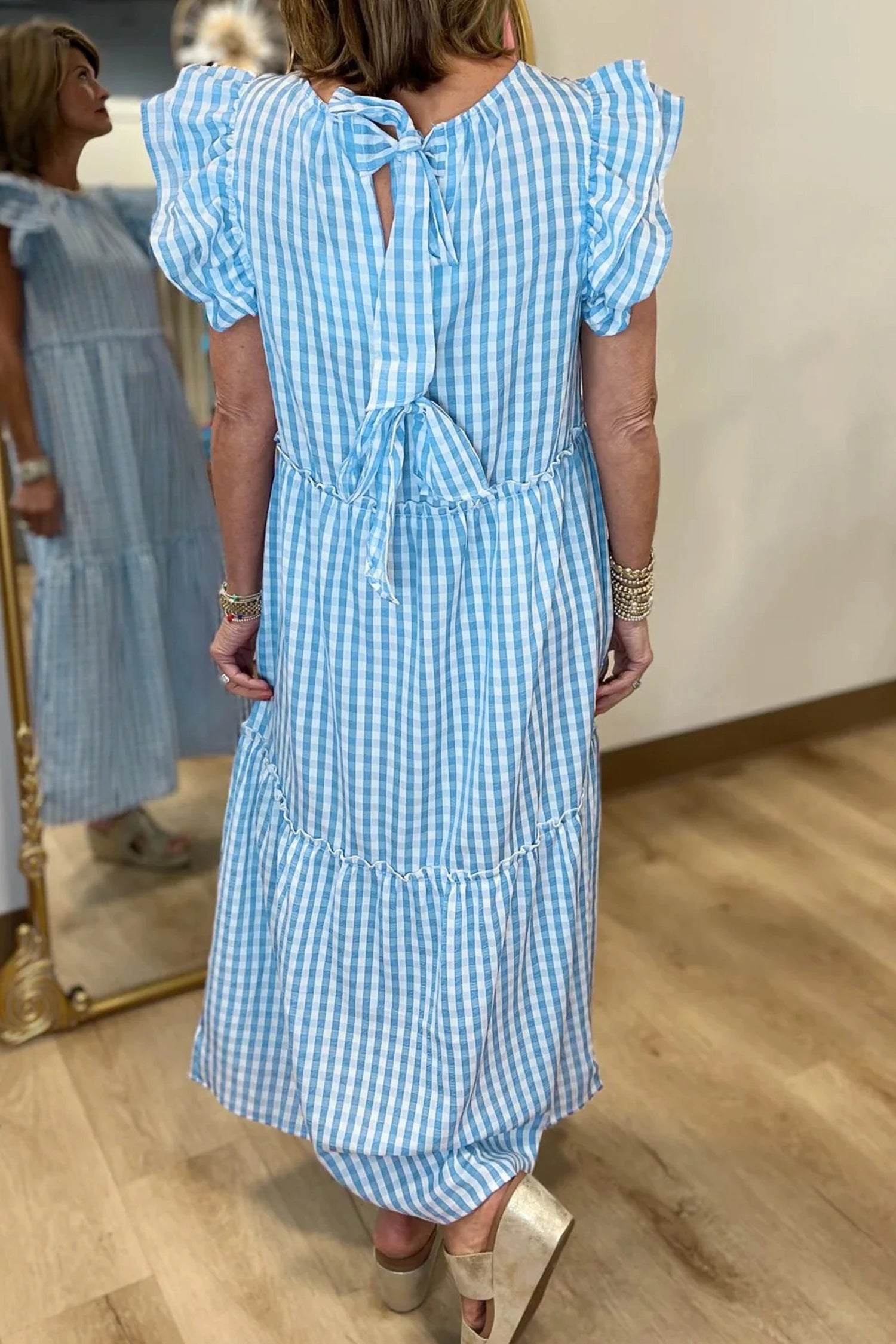 Sky Blue Knot Back Gingham Dress