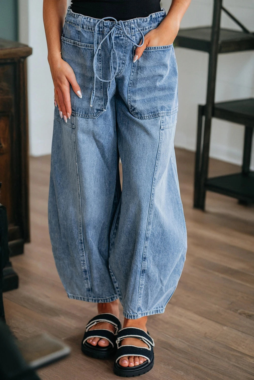 Light Wash Drawstring Barrel Jeans