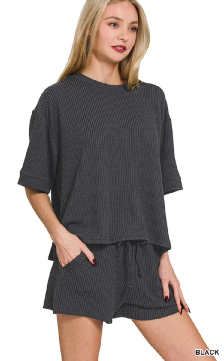 Black Ribbed Short Set (Plus)