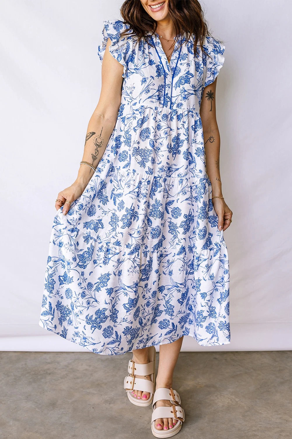 Blue Floral Midi Dress
