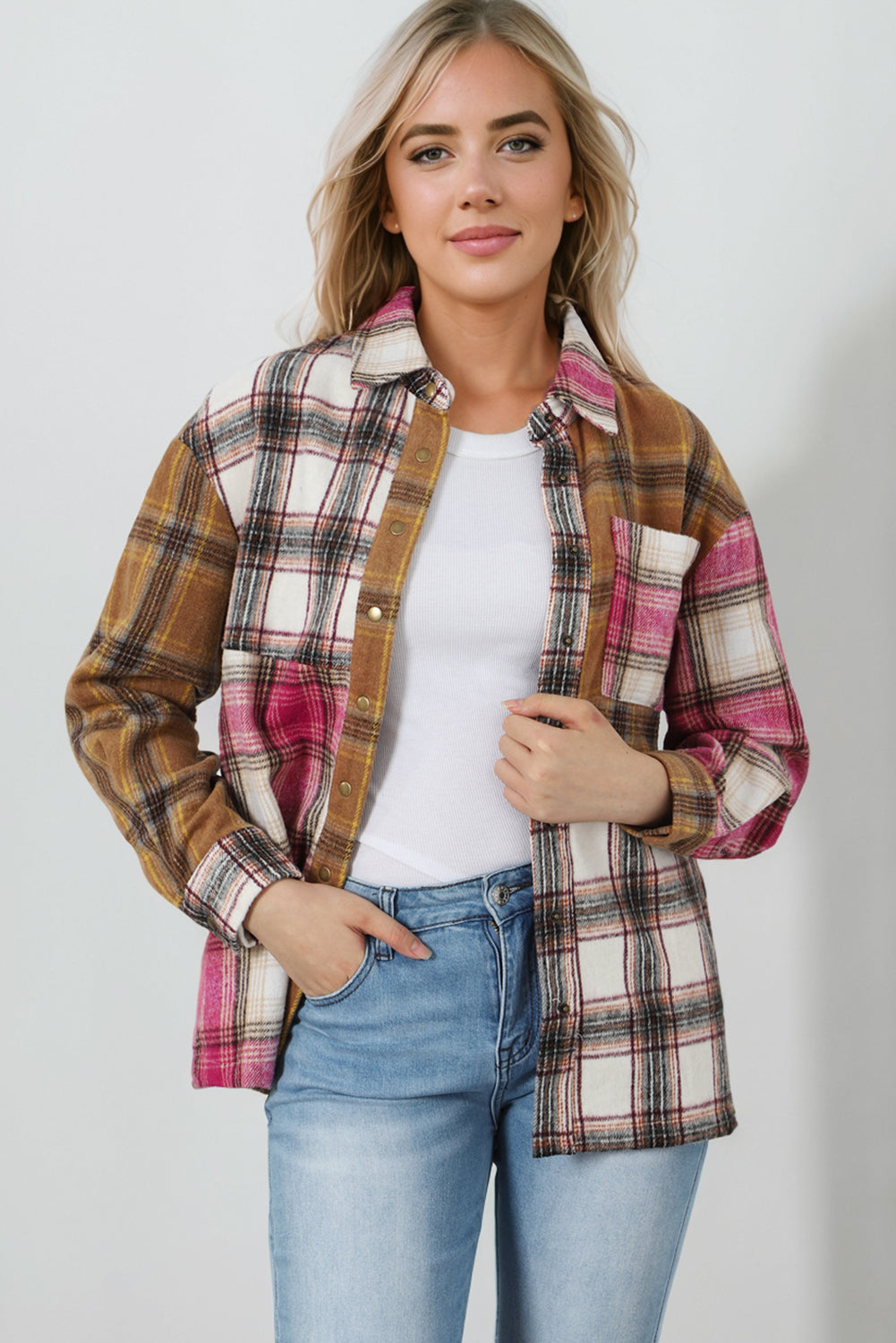 Brown/Pink Plaid Button Up Shacket