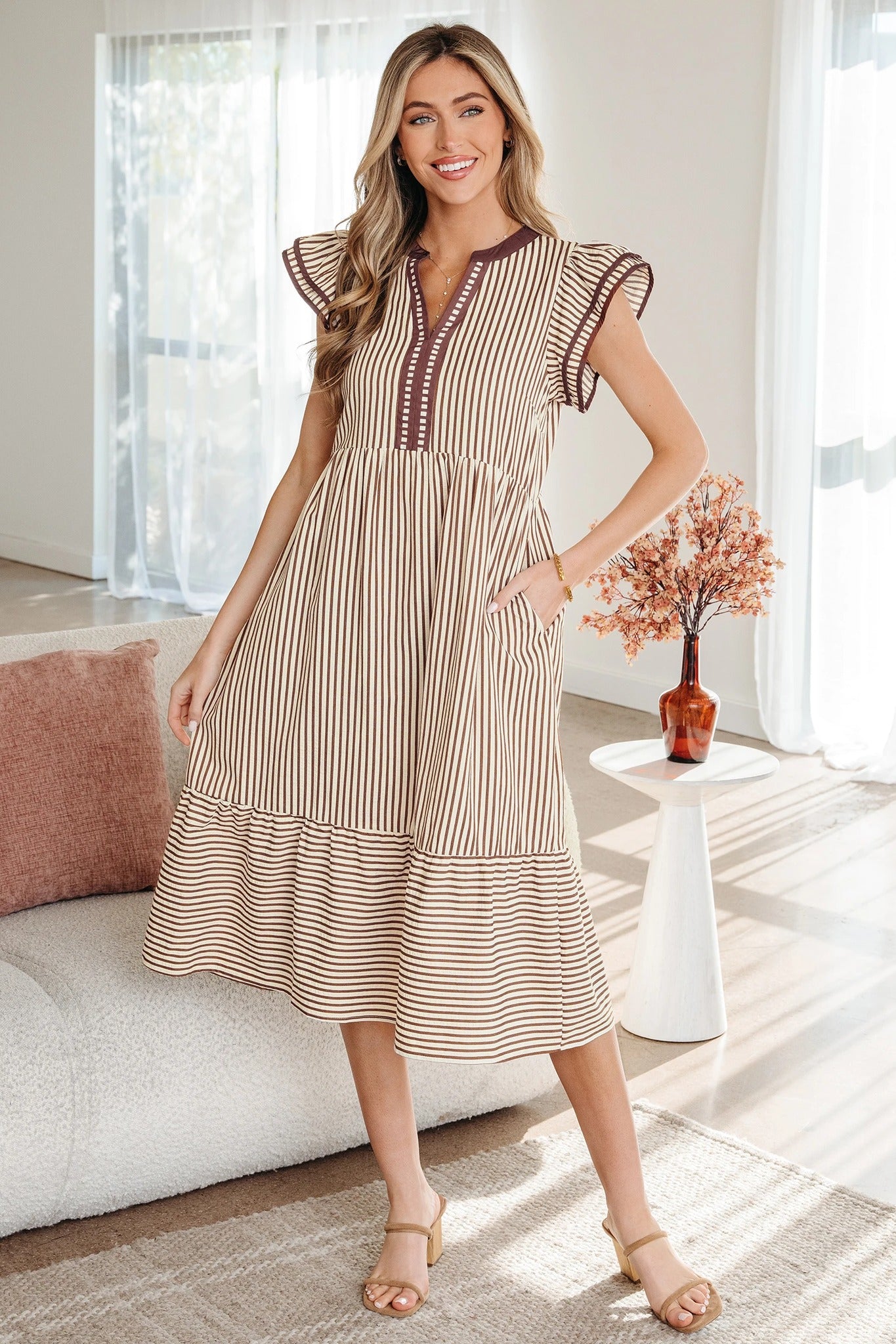 Brown Striped Flutter Sleeve Midi