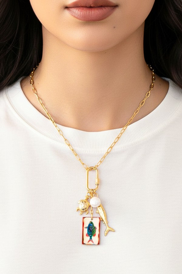 Whimsical Sea-life Charm Cluster Necklace Ceramic