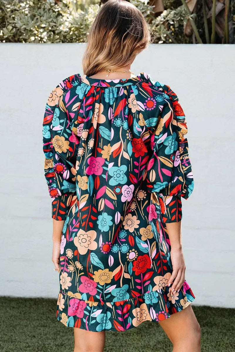 Green Floral Ruffled Dress
