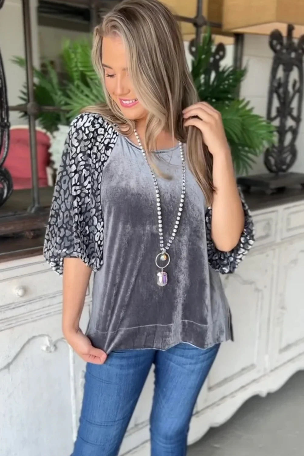 Grey Leopard Velvet Top