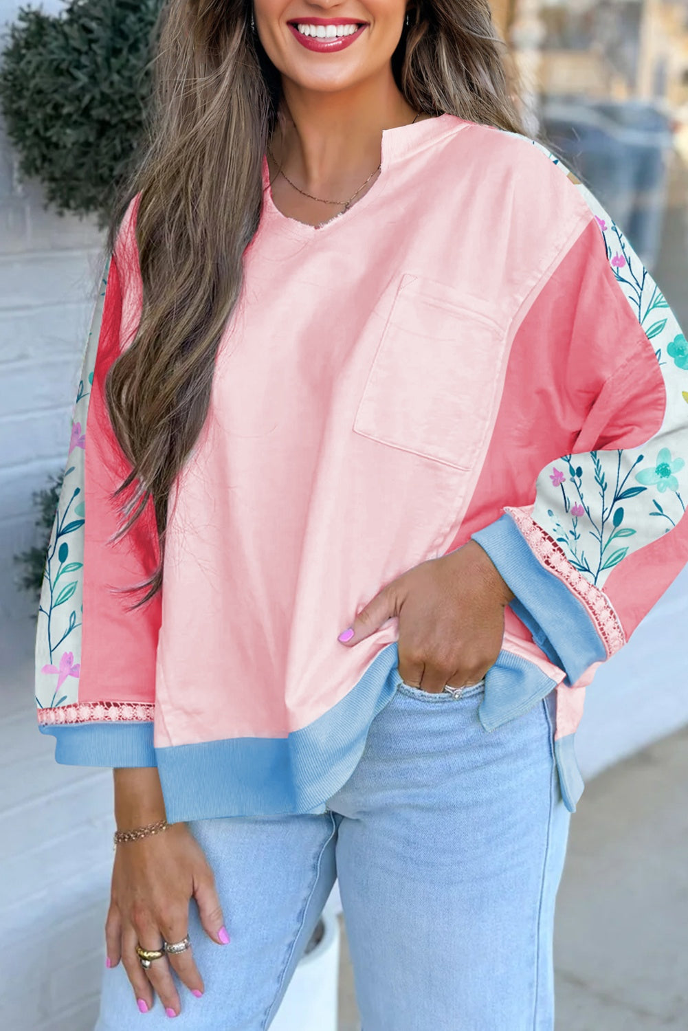 Pink Floral Patchwork Long Sleeve Top