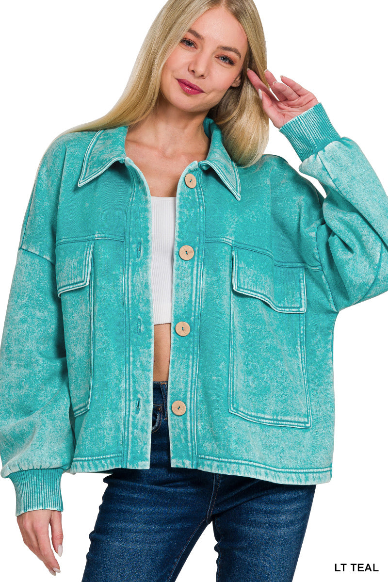 Acid Wash Shacket Teal