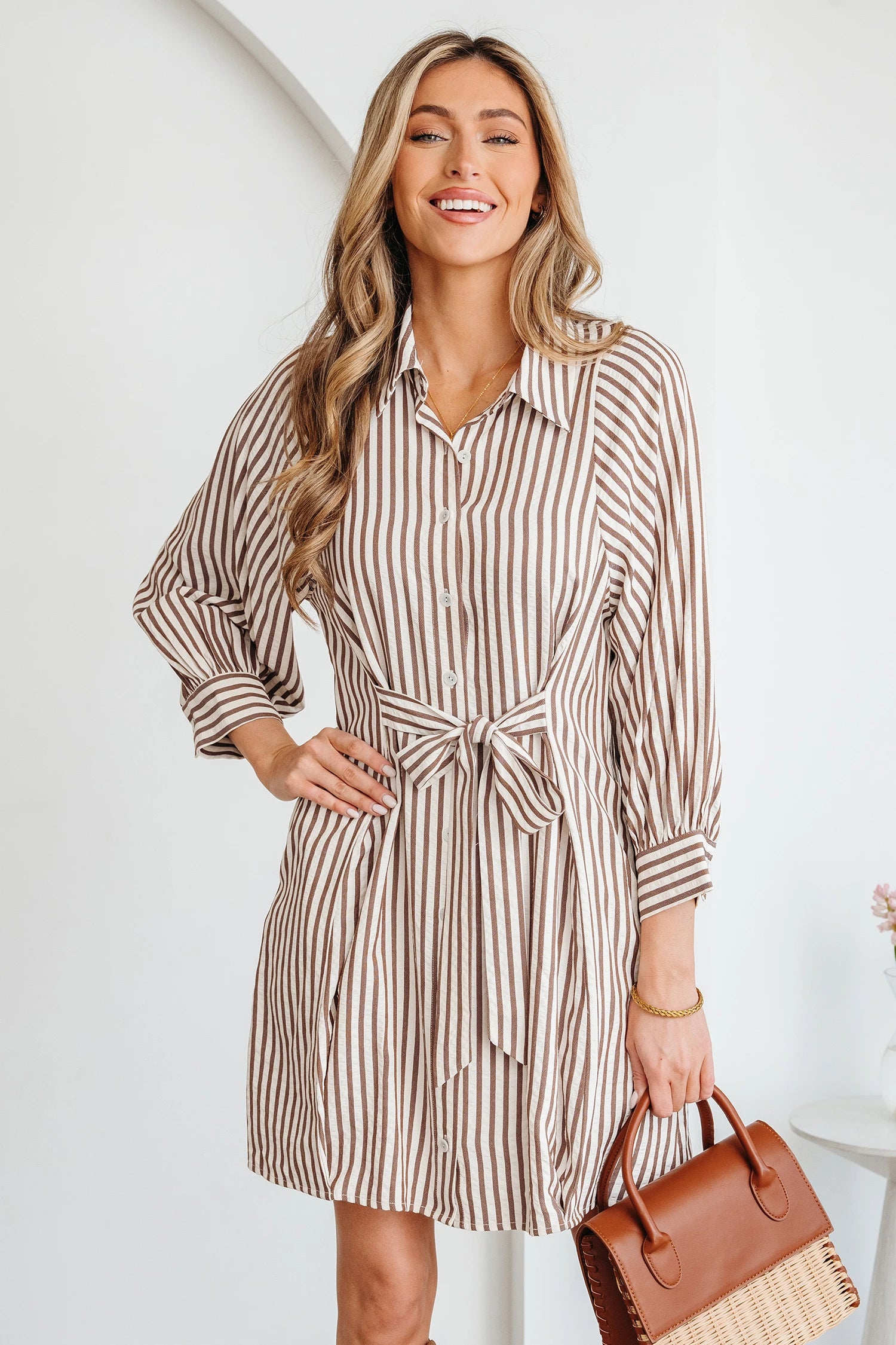Mocha Striped Tie Front Mini Dress
