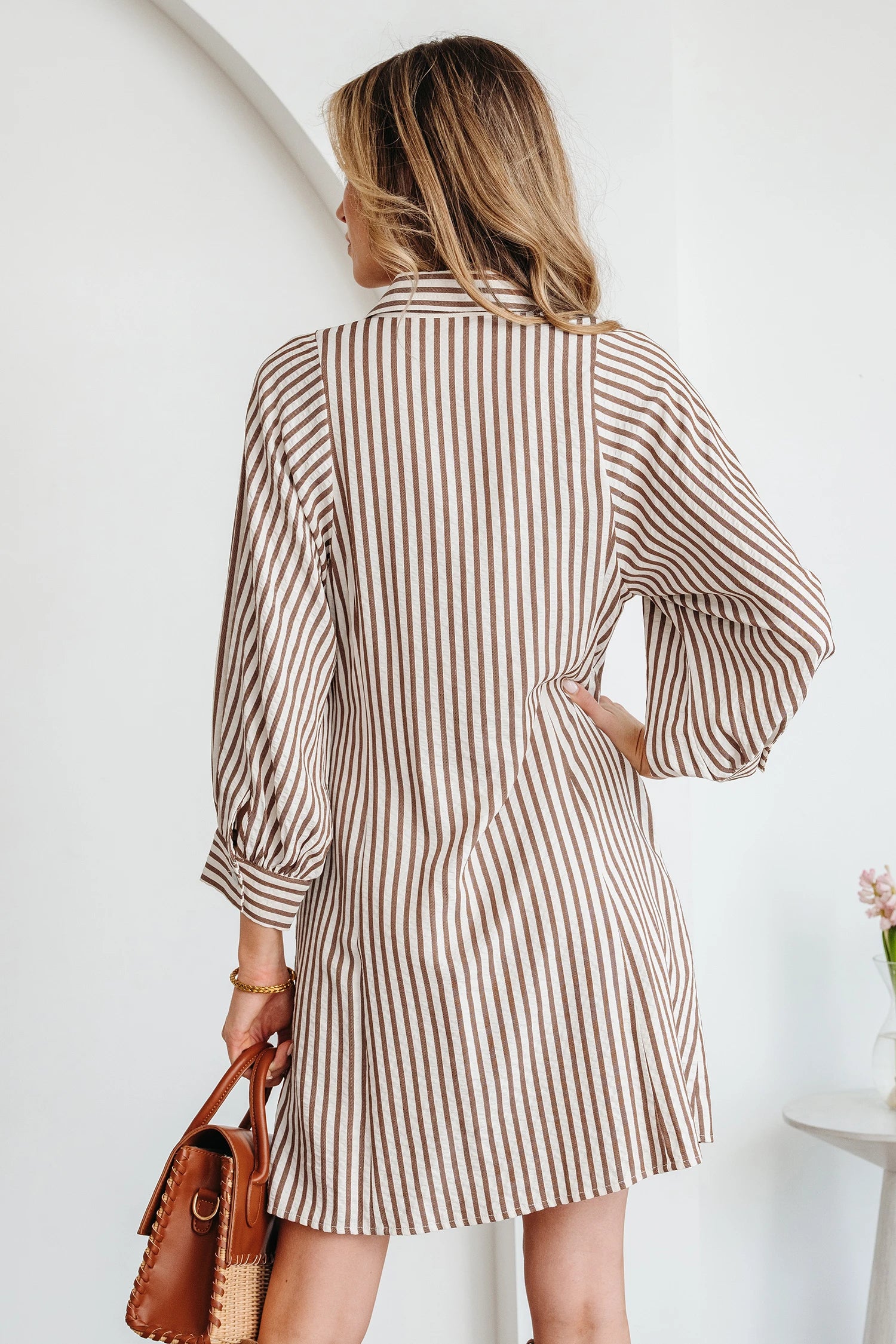 Mocha Striped Tie Front Mini Dress
