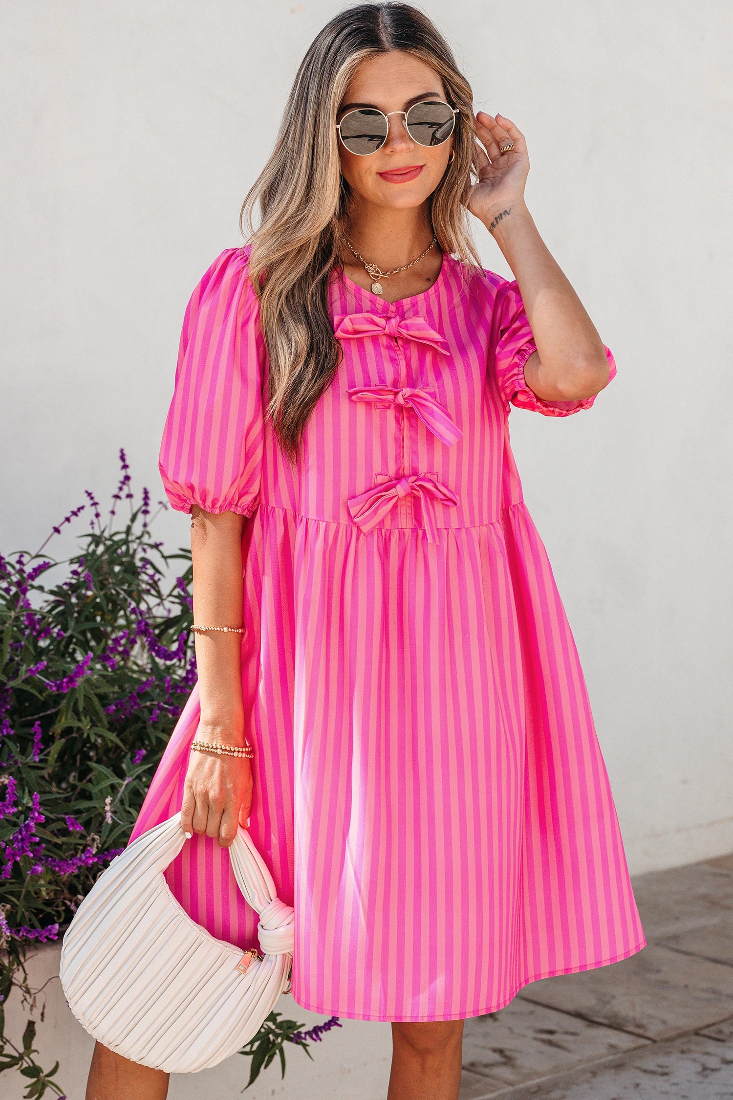 Pink Striped Bow Front Dress