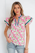 Pink/Green Floral Ruffle Blouse