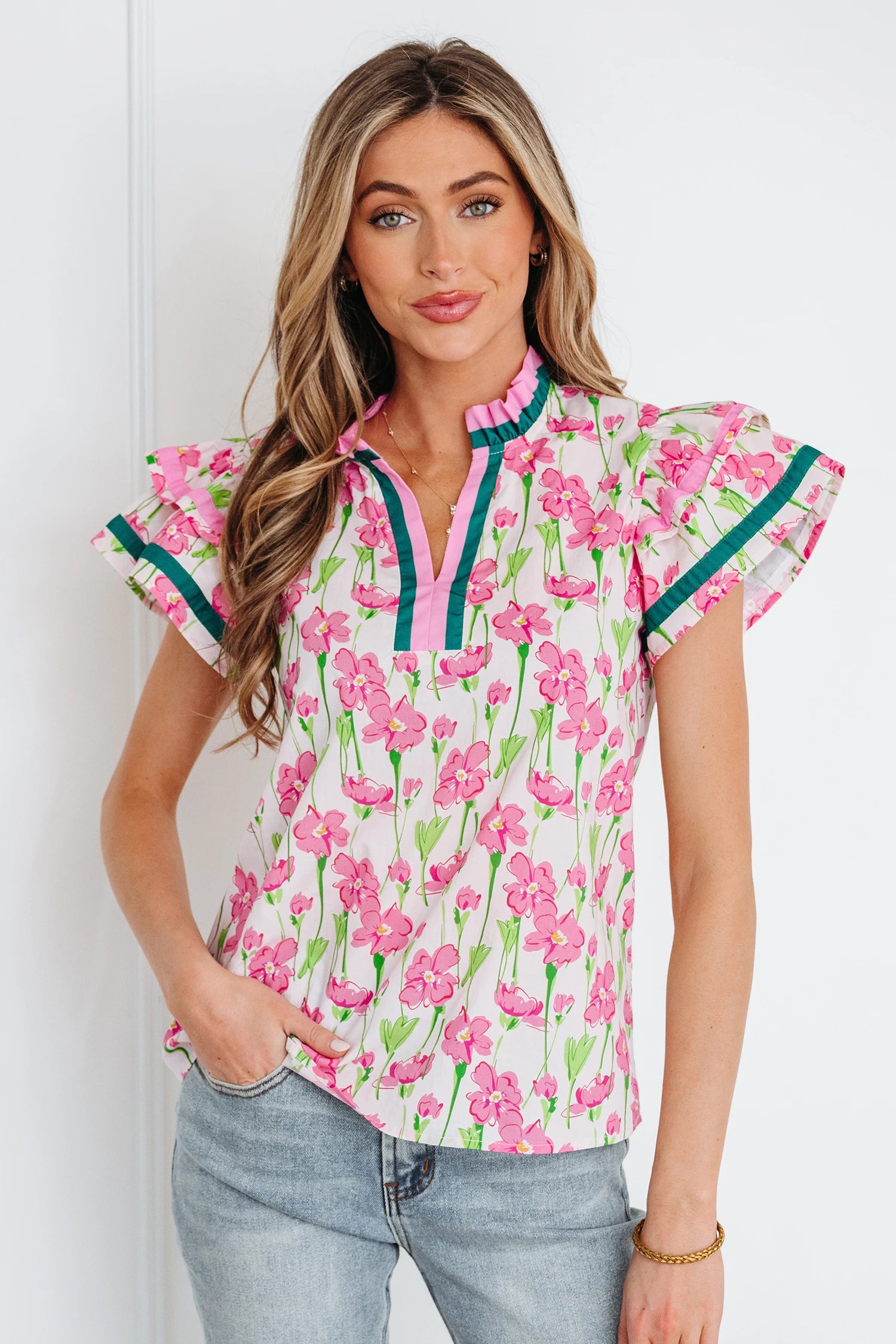 Pink/Green Floral Ruffle Blouse