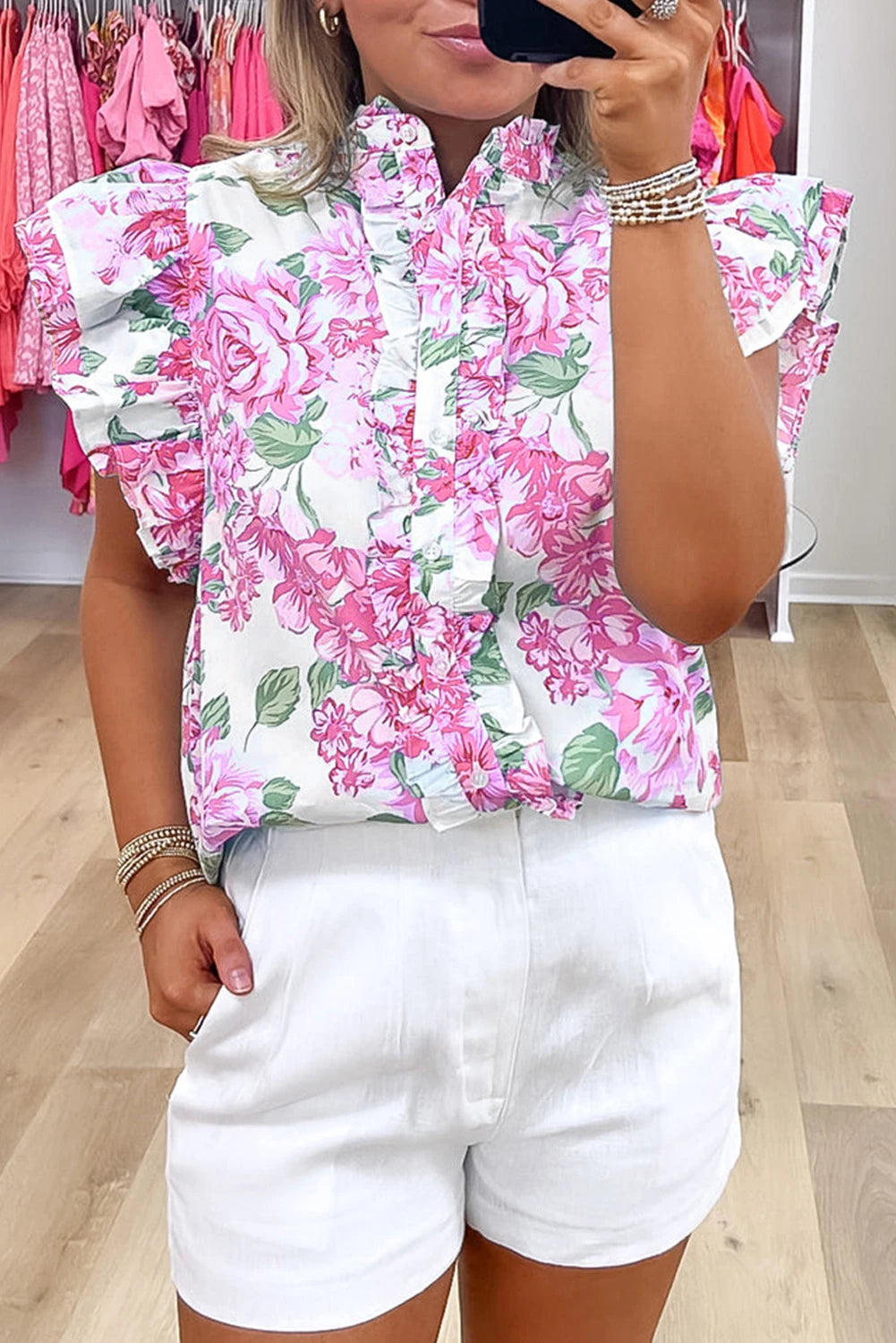Pink Floral Ruffle Blouse