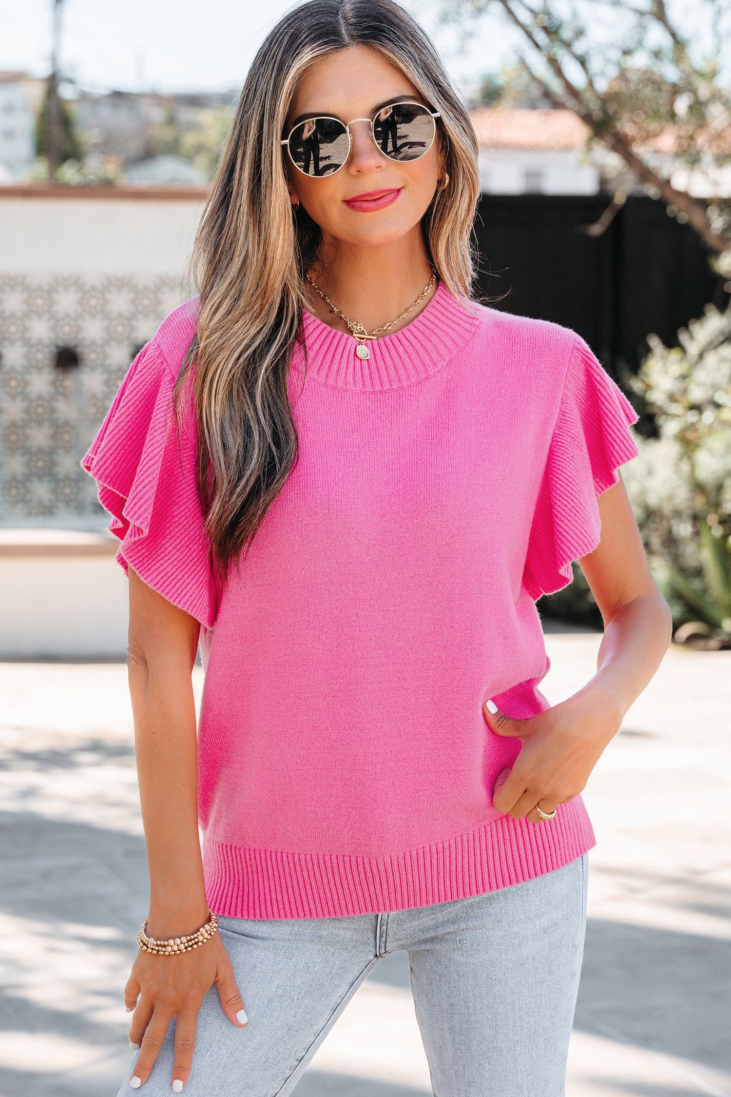 Pink Ruffle Sleeve Sweater