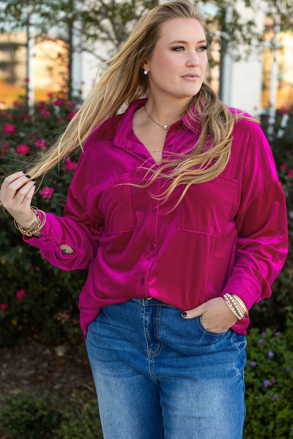 Pink Velvet Button Up Top