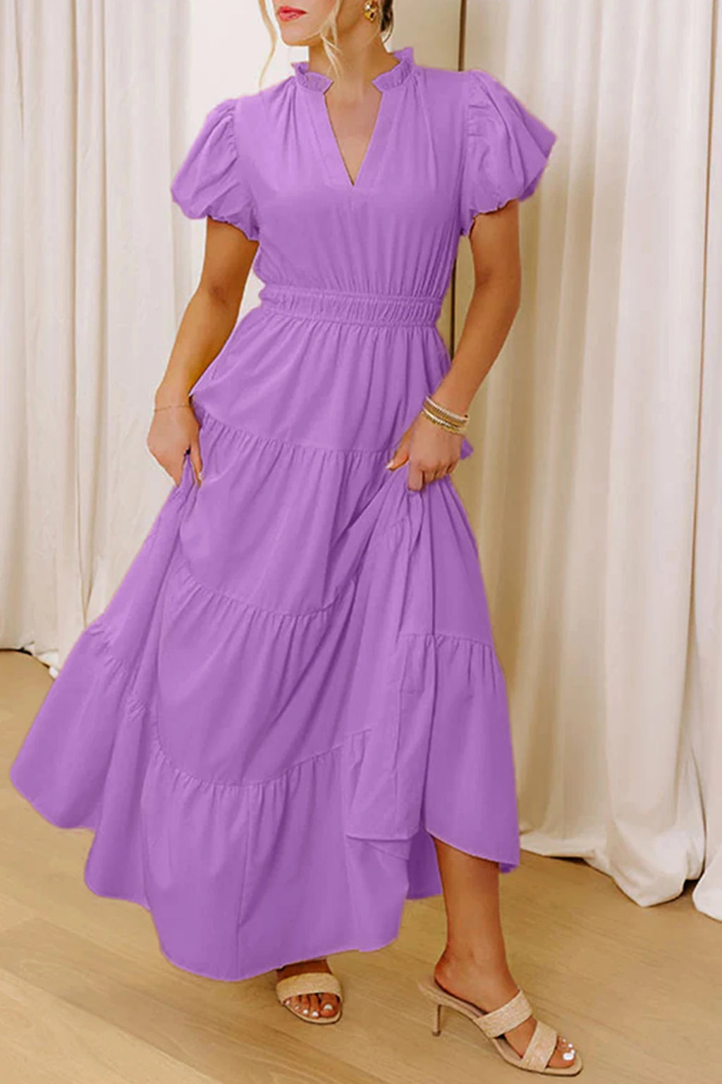 Lavender V-Neck Puff Sleeve Dress