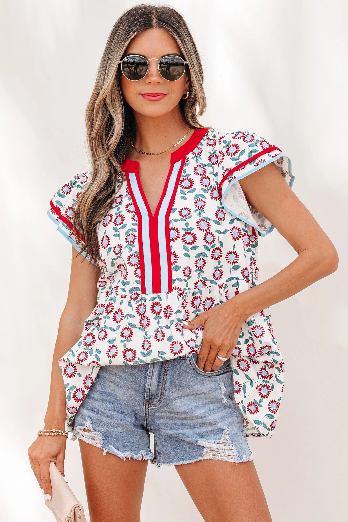 Red Floral Trim Blouse