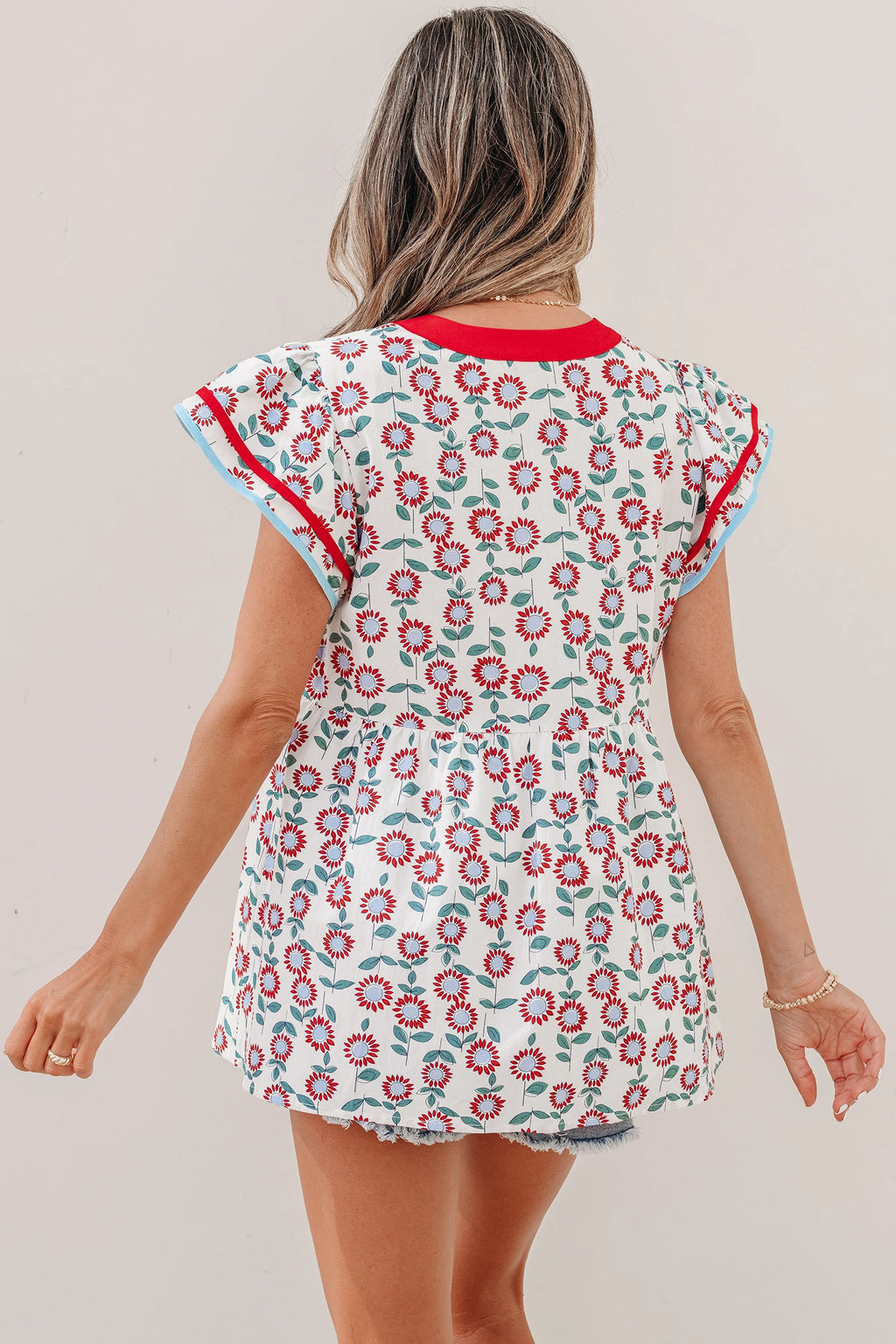 Red Floral Trim Blouse
