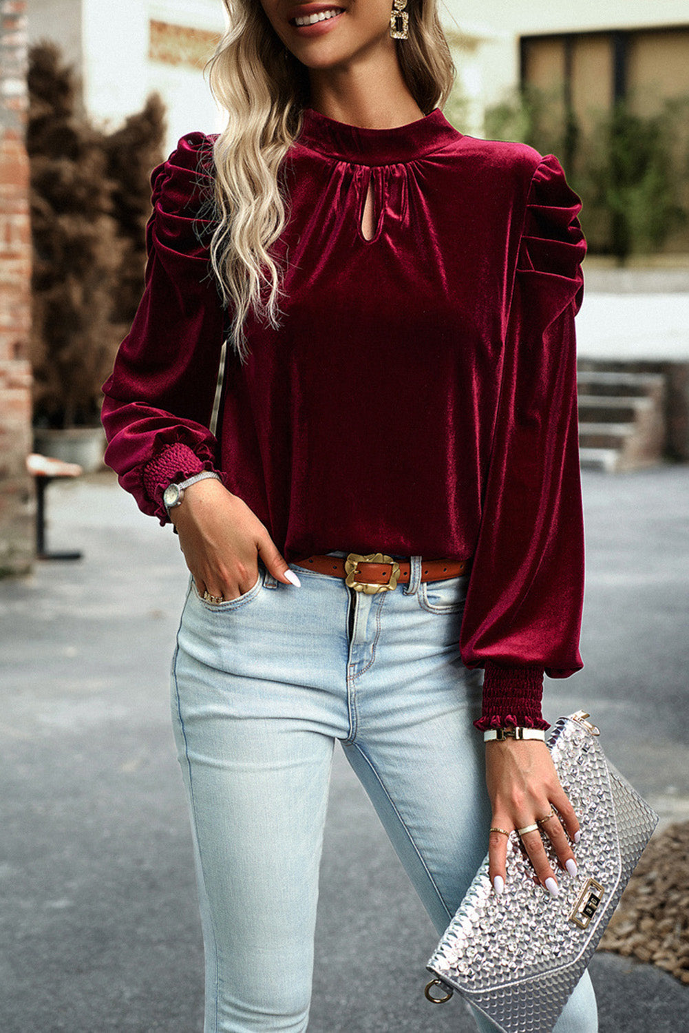 Fiery Red Puff Sleeve Velvet Blouse